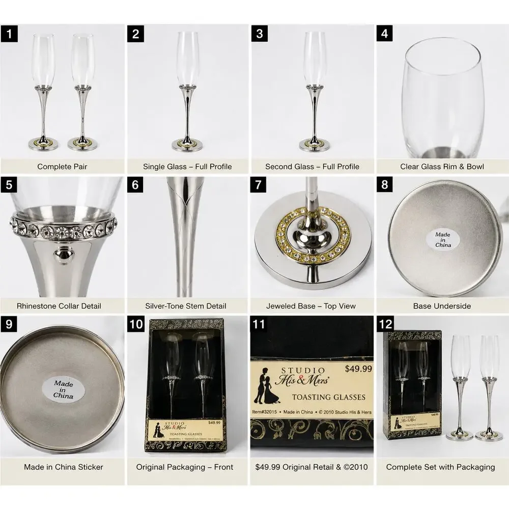 Studio His & Hers Toasting Glasses Pair Rhinestone Wedding Flutes 2010 Boxed